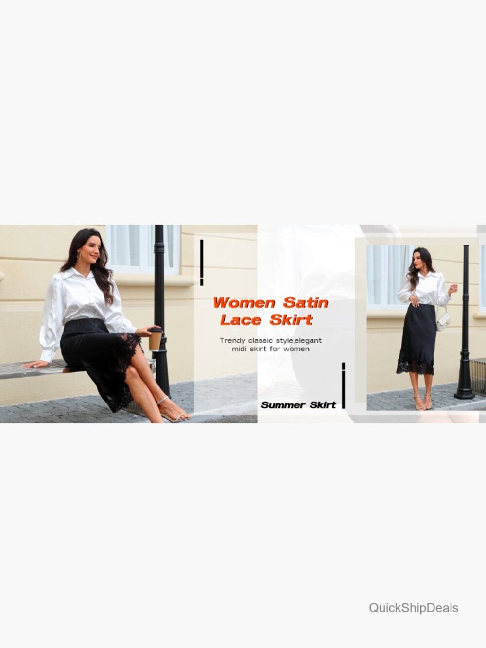 Satin Midi Skirt with Lace Trim, A-Line Elastic Waist for Work or Party - Picture 7 of 7